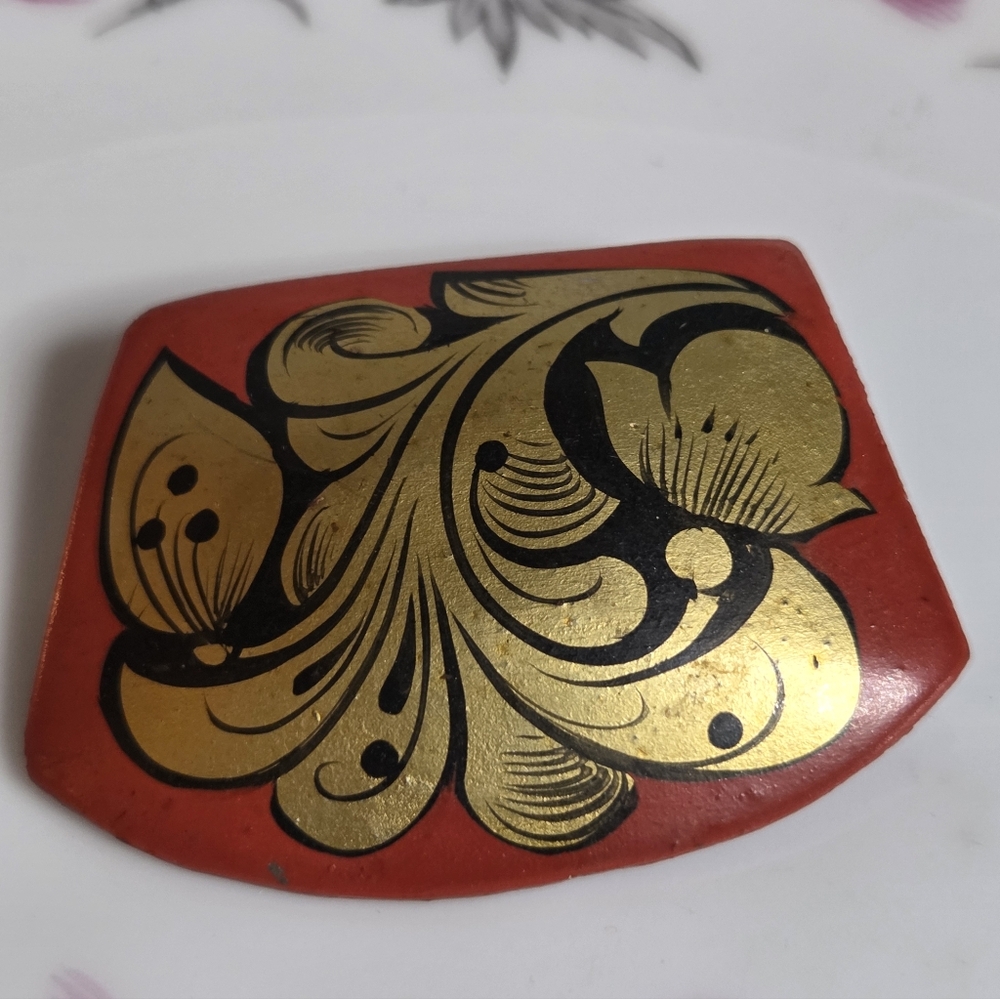 Hand-painted Khokhloma Red and Gold USSR Brooch